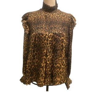 Women’s Leopard Silk Smocked High Neck Ruffles Long Sleeve New Size L